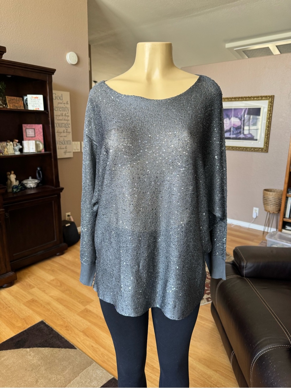 Alfani gray silver sequin sparkly boatneck 3/4 dolman sleeves sweater-XL-NWOT